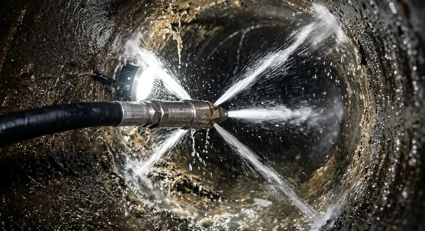 High-pressure hydro jetting nozzle cleaning sewer pipe for Trenchless Sewer Repair in Dickinson