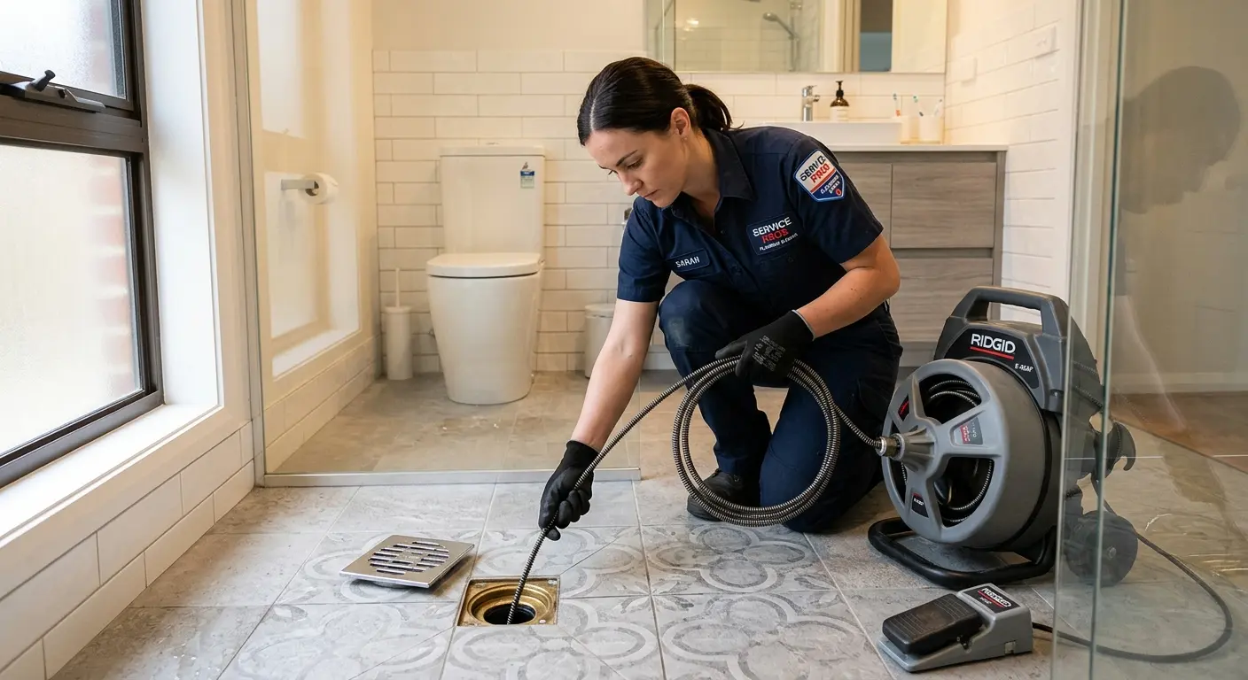 Technician clearing a bathroom floor drain for Drain Cleaning in Dickinson